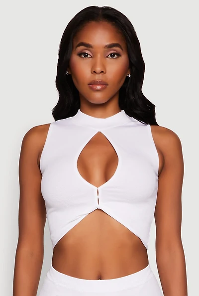 Womens Chic Rib Knit Mock Neck Twist Front Crop Top, L-XL