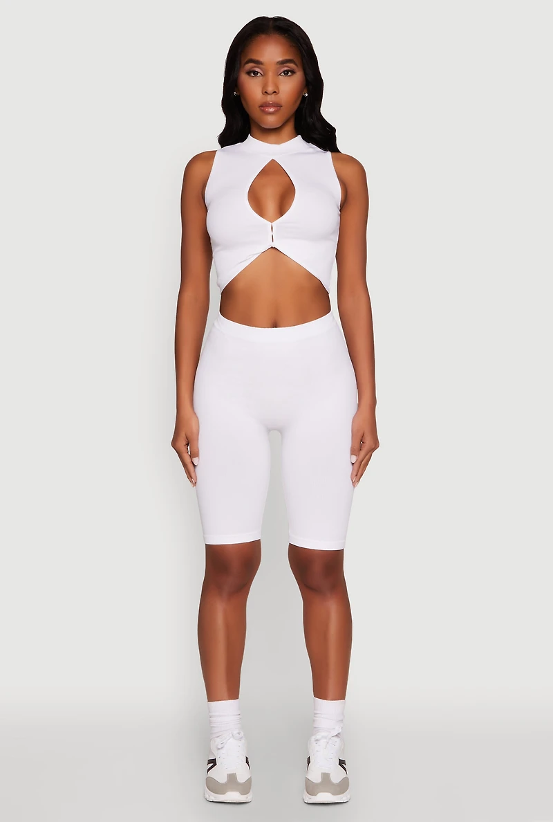 Womens Chic Rib Knit Mock Neck Twist Front Crop Top, White, Size L-XL