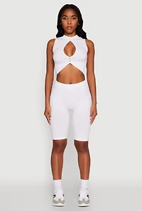 Womens Chic Rib Knit Mock Neck Twist Front Crop Top, White, Size L-XL