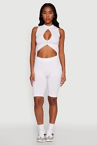 Womens Chic Rib Knit Mock Neck Twist Front Crop Top, L-XL