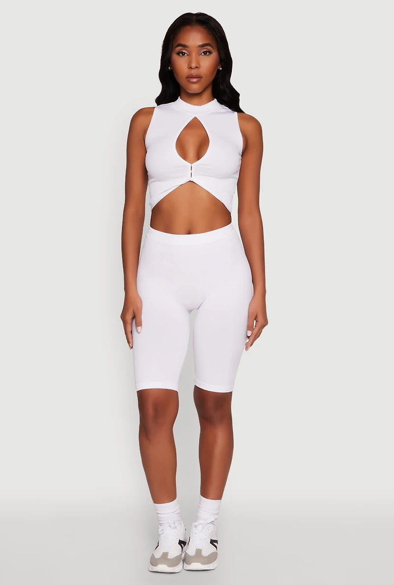 Womens Chic Rib Knit Mock Neck Twist Front Crop Top, White, Size L-XL