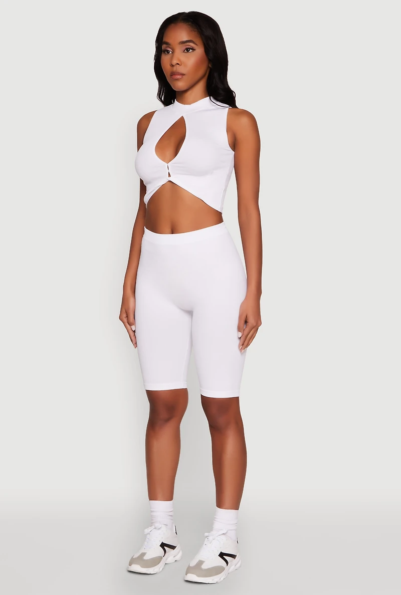 Womens Chic Rib Knit Mock Neck Twist Front Crop Top, White, Size L-XL