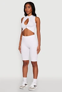 Womens Chic Rib Knit Mock Neck Twist Front Crop Top, White, Size L-XL