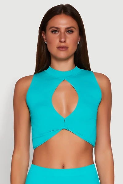 Womens Chic Rib Knit Mock Neck Twist Front Crop Top, L-XL