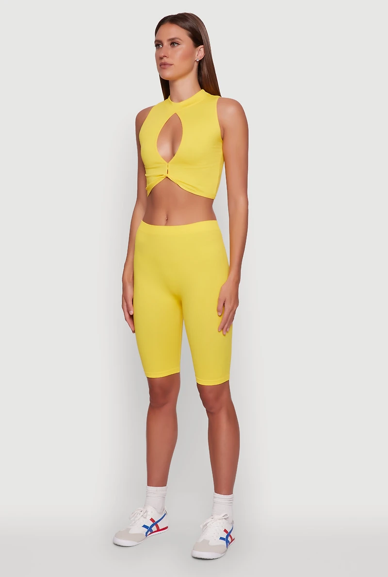 Chic Rib Knit Mock Neck Twist Front Crop Top