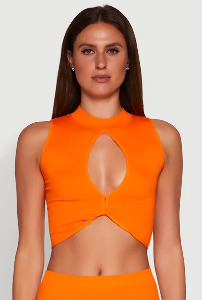 Womens Chic Rib Knit Mock Neck Twist Front Crop Top, L-XL
