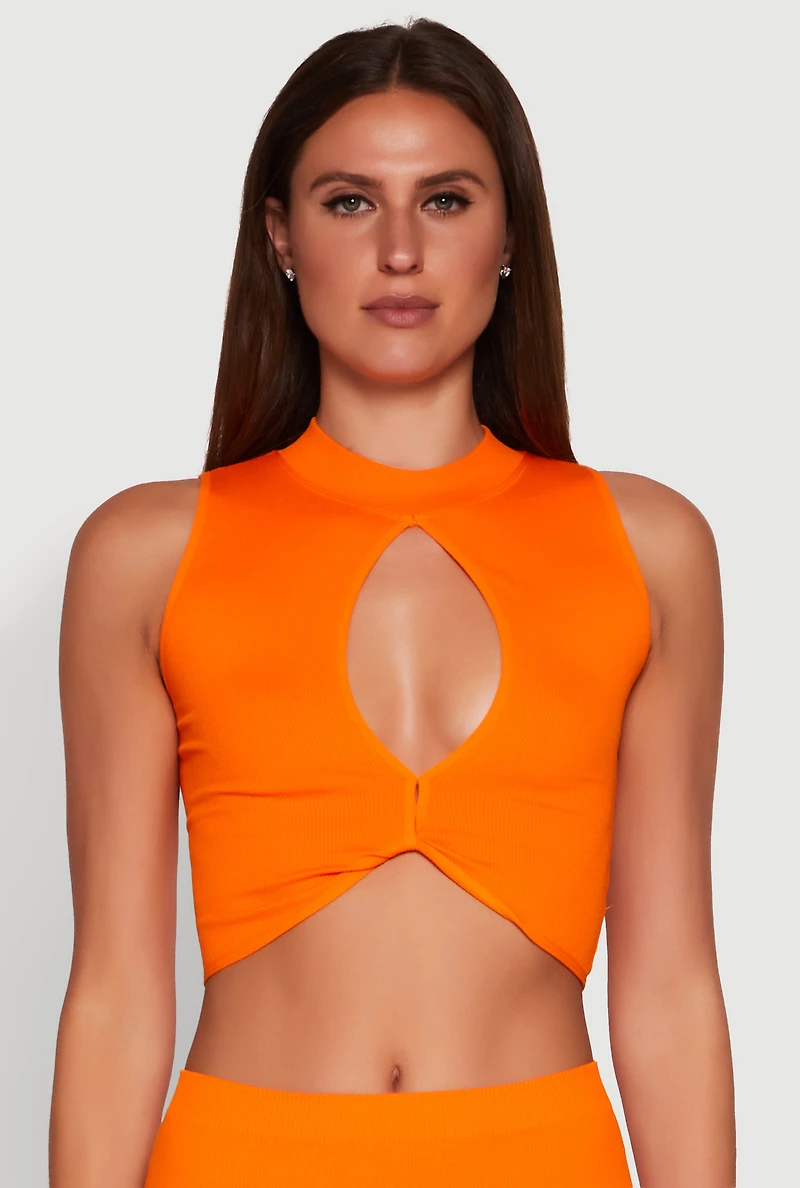 Chic Rib Knit Mock Neck Twist Front Crop Top