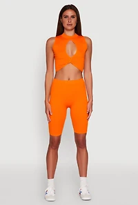 Womens Chic Rib Knit Mock Neck Twist Front Crop Top, L-XL