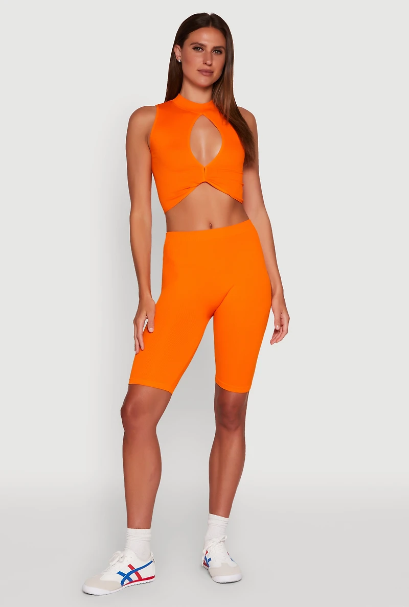 Womens Chic Rib Knit Mock Neck Twist Front Crop Top, L-XL