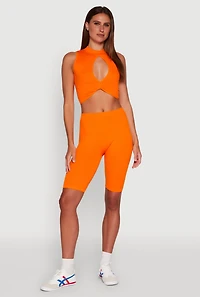 Womens Chic Rib Knit Mock Neck Twist Front Crop Top, L-XL