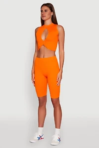 Womens Chic Rib Knit Mock Neck Twist Front Crop Top, L-XL