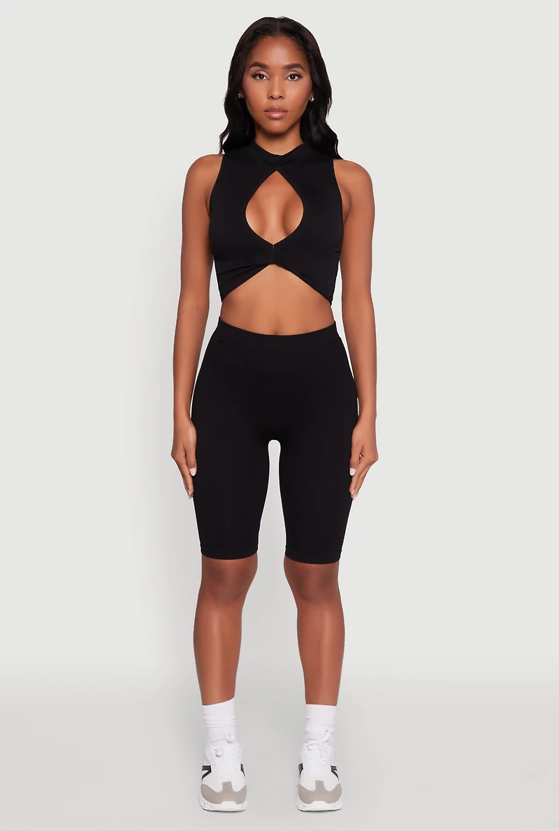 Womens Seamless Rib Knit High Waisted Bike Shorts, Black, Size S-M