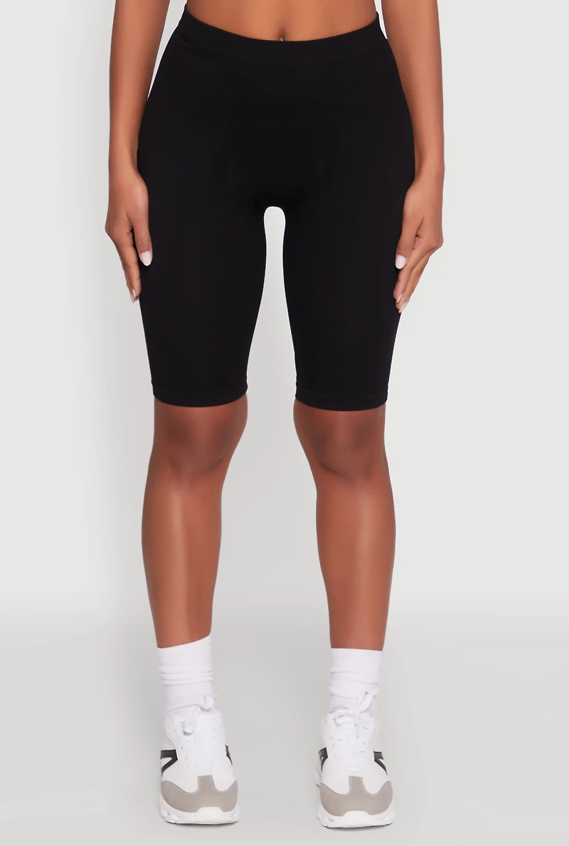 Womens Seamless Rib Knit High Waisted Bike Shorts, Black, Size S-M