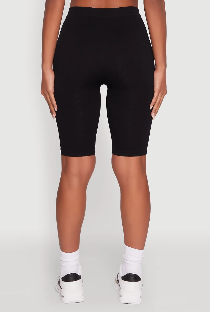 Womens Seamless Rib Knit High Waisted Bike Shorts, Black, Size S-M