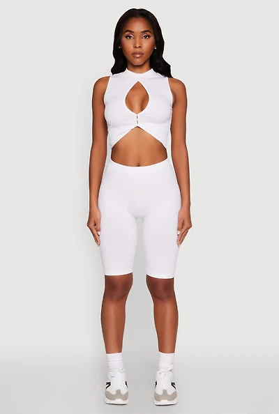Womens Seamless Rib Knit High Waisted Bike Shorts, White, Size L-XL