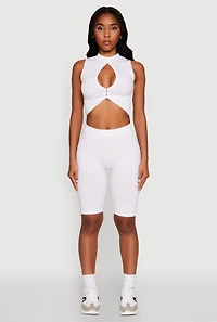Womens Seamless Rib Knit High Waisted Bike Shorts, White, Size L-XL