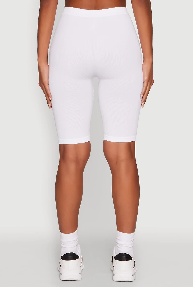 Womens Seamless Rib Knit High Waisted Bike Shorts, White, Size L-XL