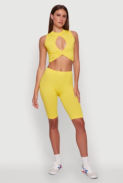 Womens Seamless Rib Knit High Waisted Bike Shorts, Yellow, Size S-M