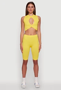 Womens Seamless Rib Knit High Waisted Bike Shorts, Yellow, Size L-XL