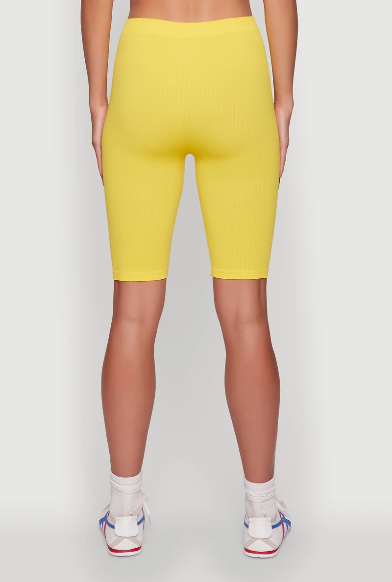 Womens Seamless Rib Knit High Waisted Bike Shorts, Yellow, Size L-XL