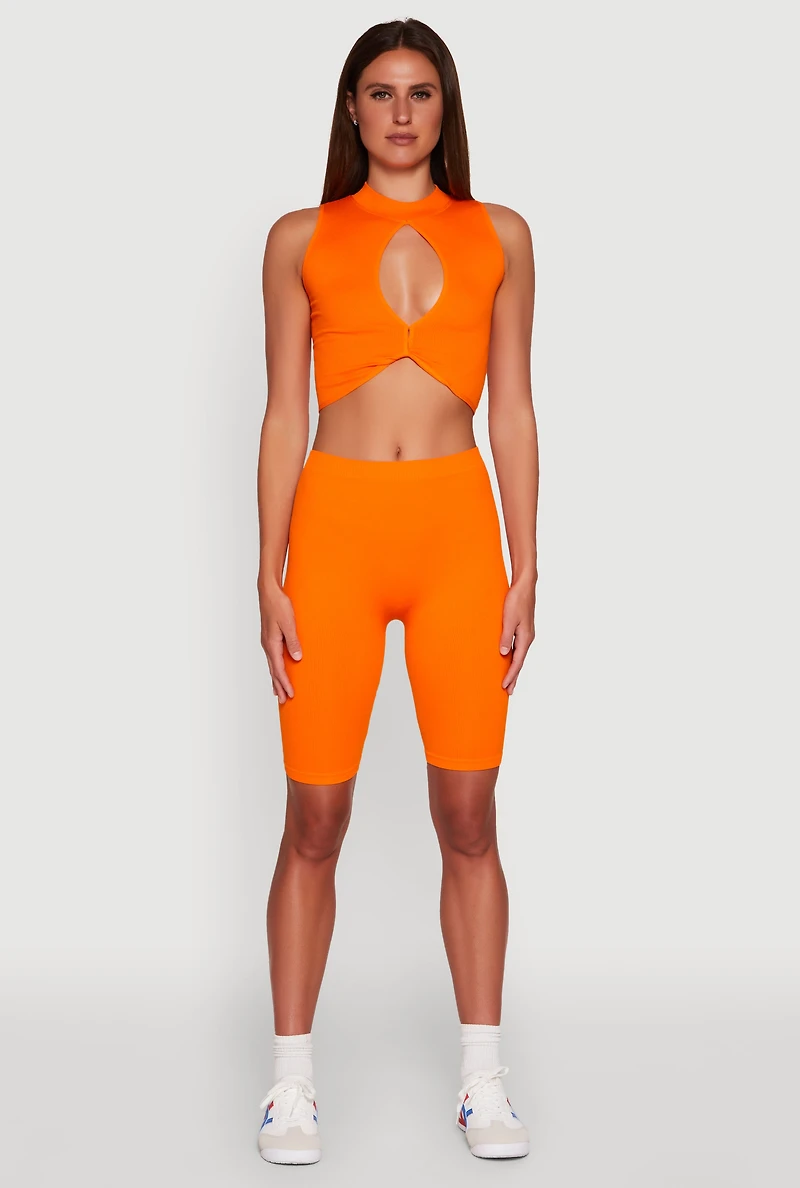 Womens Seamless Rib Knit High Waisted Bike Shorts,