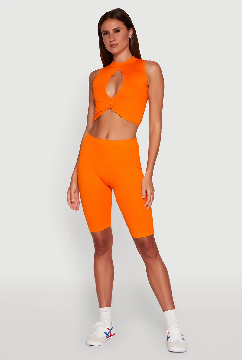 Womens Seamless Rib Knit High Waisted Bike Shorts,