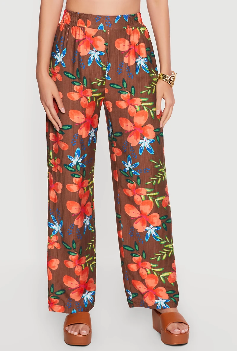 Floral High Waisted Wide Leg Pull On Pants