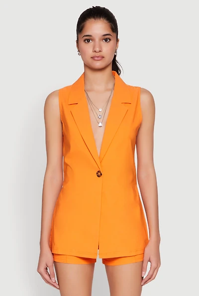 Womens One Button Blazer Vest, Orange, Size M