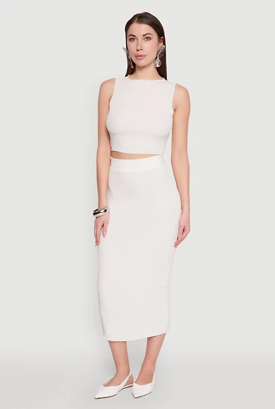 Womens Textured Knit Midi Pencil Skirt, White, Size L