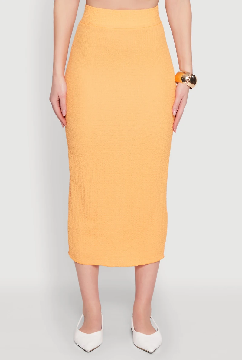Womens Textured Knit Midi Pencil Skirt, Orange, Size S