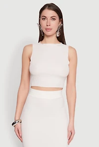 Womens Sleeveless Textured Knit Crop Top, White, Size M