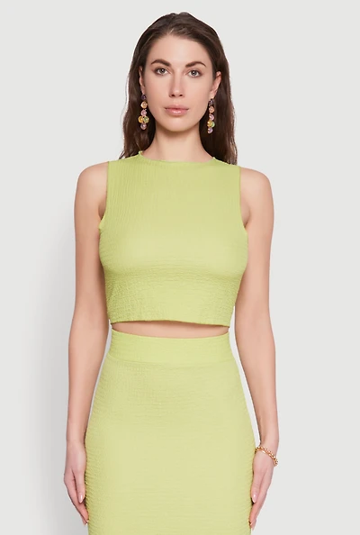 Womens Sleeveless Textured Knit Crop Top, Green,
