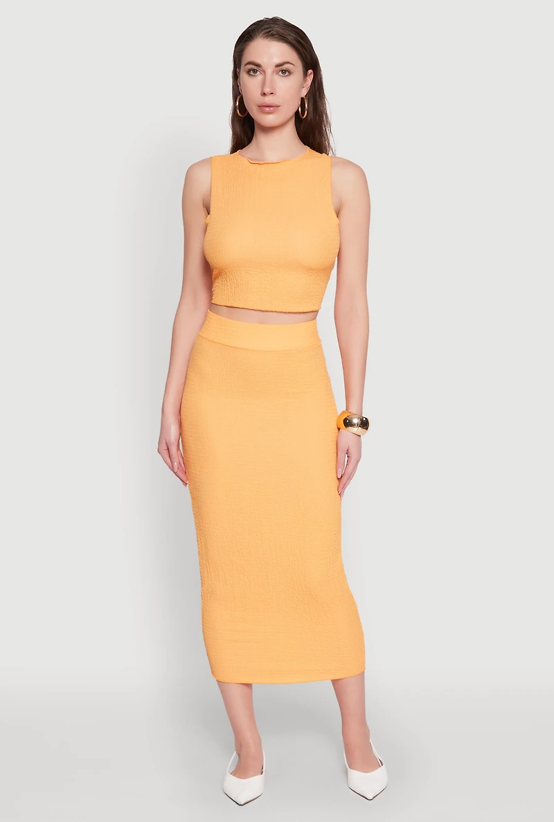 Womens Sleeveless Textured Knit Crop Top, Orange, Size L