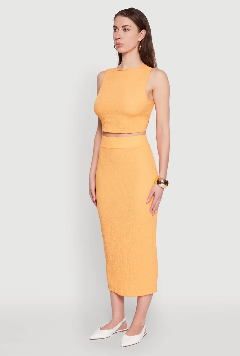 Womens Sleeveless Textured Knit Crop Top, Orange, Size L