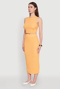 Womens Sleeveless Textured Knit Crop Top, Orange, Size L