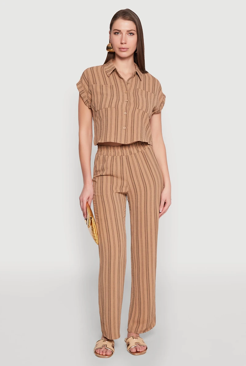 Womens Airy Striped Pattern Shirt, Beige, Size S