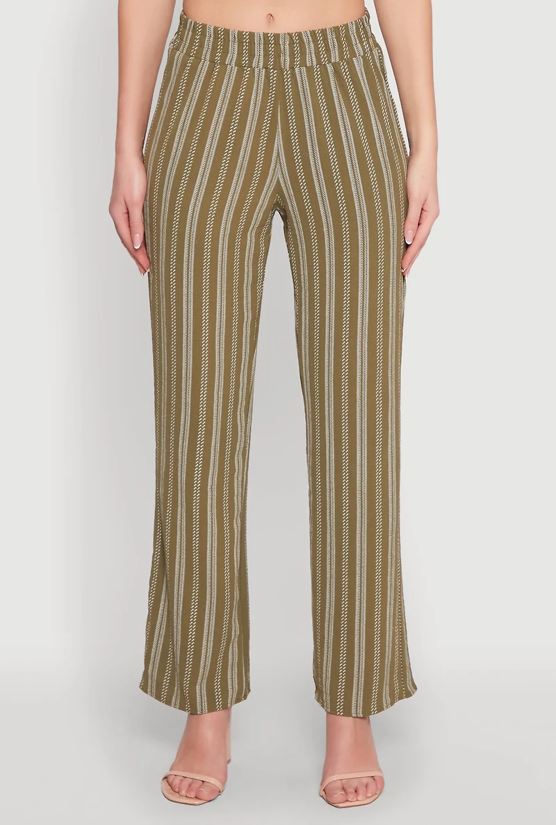 Womens Airy Striped Pattern Pants, Green, Size L