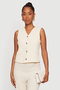 Textured Knit V Neck Button Front Vest