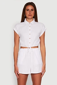 Womens Stylish Button Front Cropped Shirt with Rolled Cuffs, White,