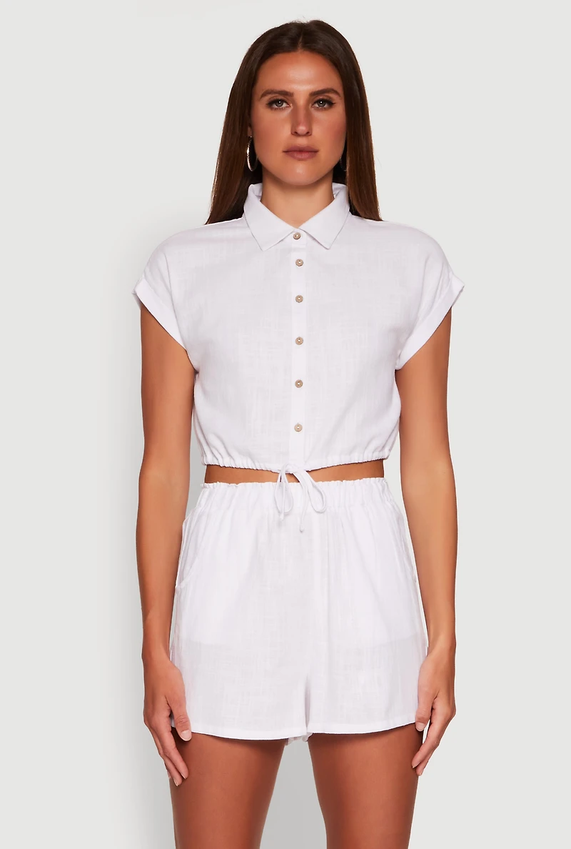 Womens Stylish Button Front Cropped Shirt with Rolled Cuffs, White, Size L