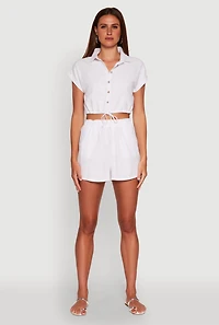 Womens Stylish Button Front Cropped Shirt with Rolled Cuffs, White, Size XL