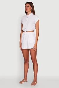 Womens Stylish Button Front Cropped Shirt with Rolled Cuffs, White, Size XL