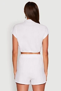 Womens Stylish Button Front Cropped Shirt with Rolled Cuffs, White, Size XL