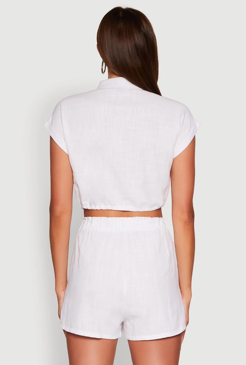 Womens Stylish Button Front Cropped Shirt with Rolled Cuffs, White, Size L