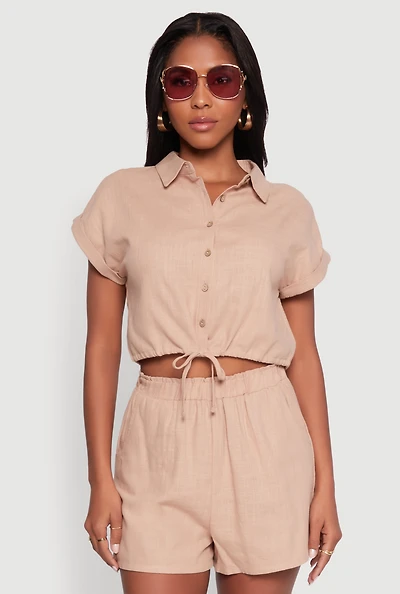 Womens Stylish Button Front Cropped Shirt with Rolled Cuffs,