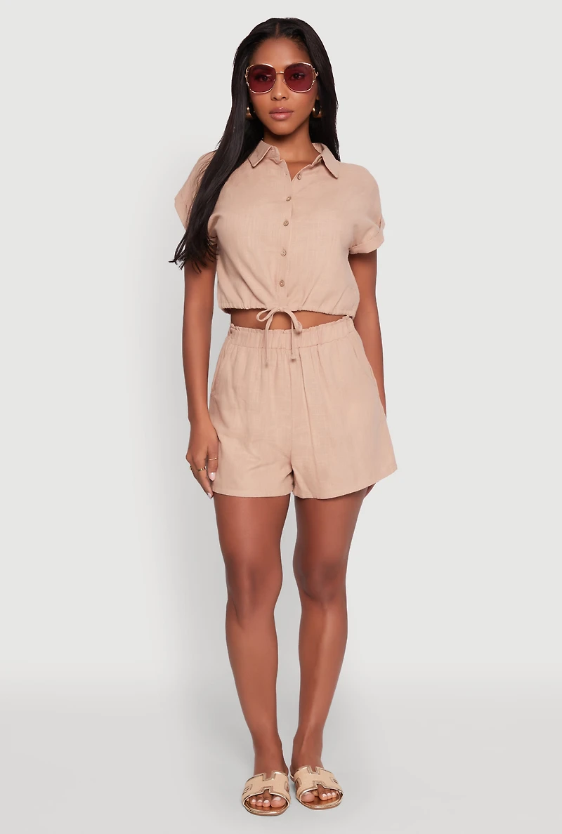 Womens Stylish Button Front Cropped Shirt with Rolled Cuffs, L