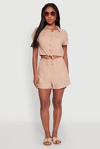 Womens Stylish Button Front Cropped Shirt with Rolled Cuffs, L