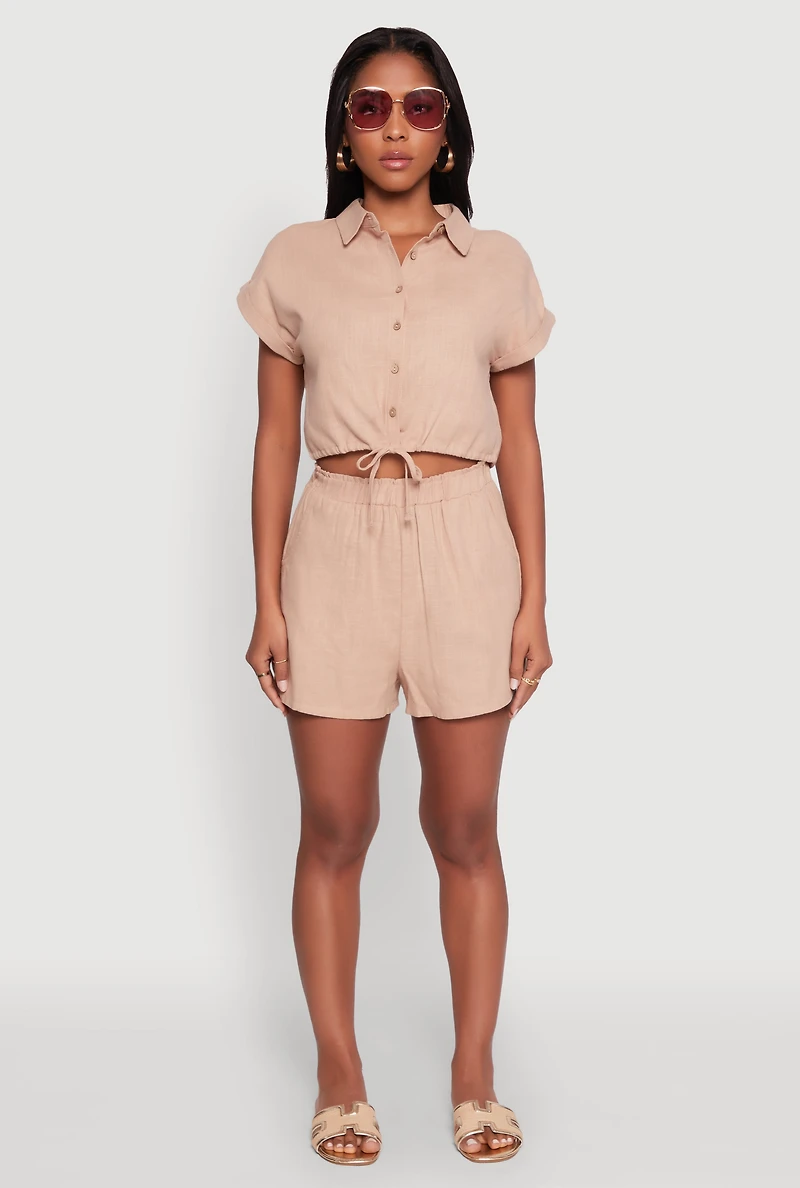 Womens Stylish Button Front Cropped Shirt with Rolled Cuffs, L