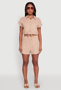 Womens Stylish Button Front Cropped Shirt with Rolled Cuffs, L