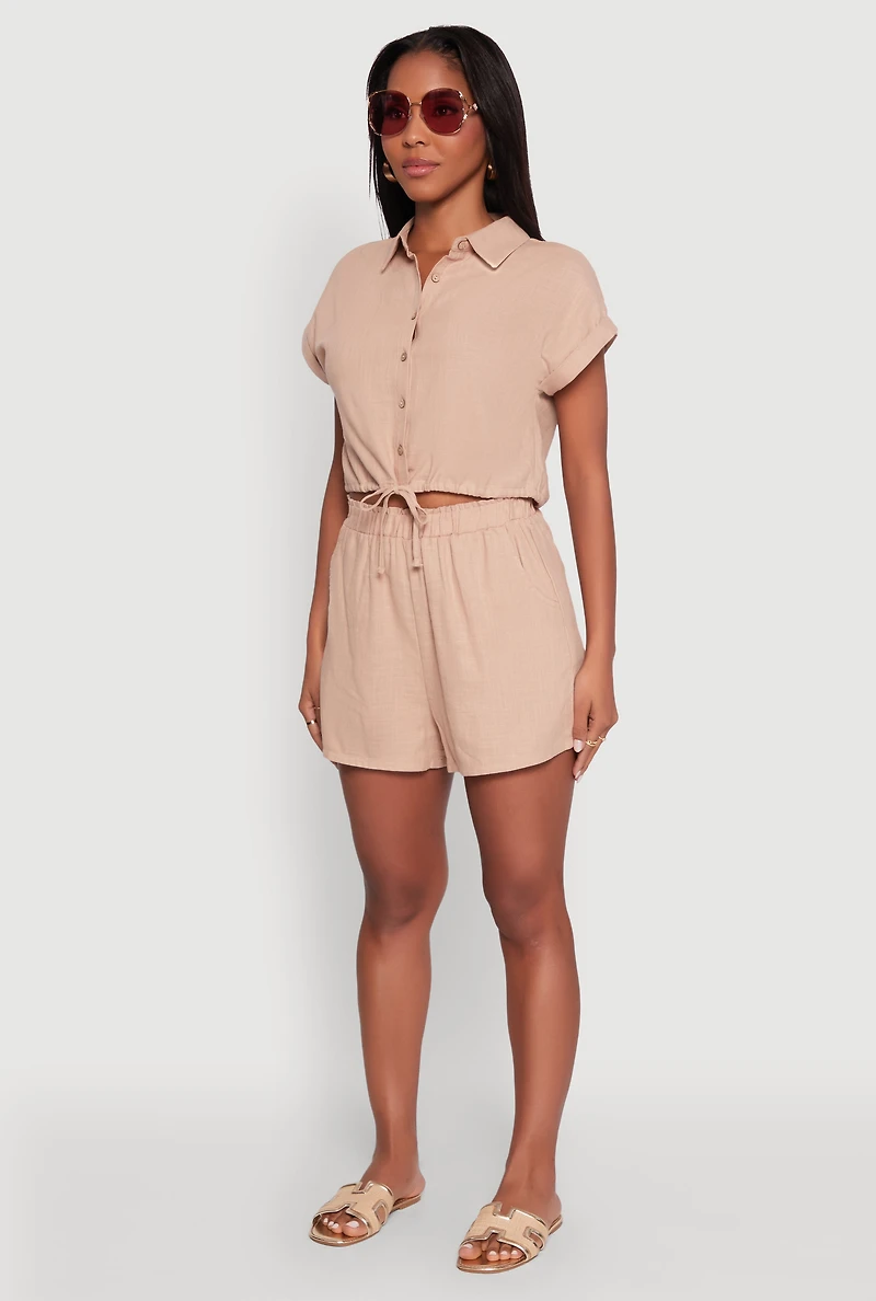 Womens Stylish Button Front Cropped Shirt with Rolled Cuffs, L